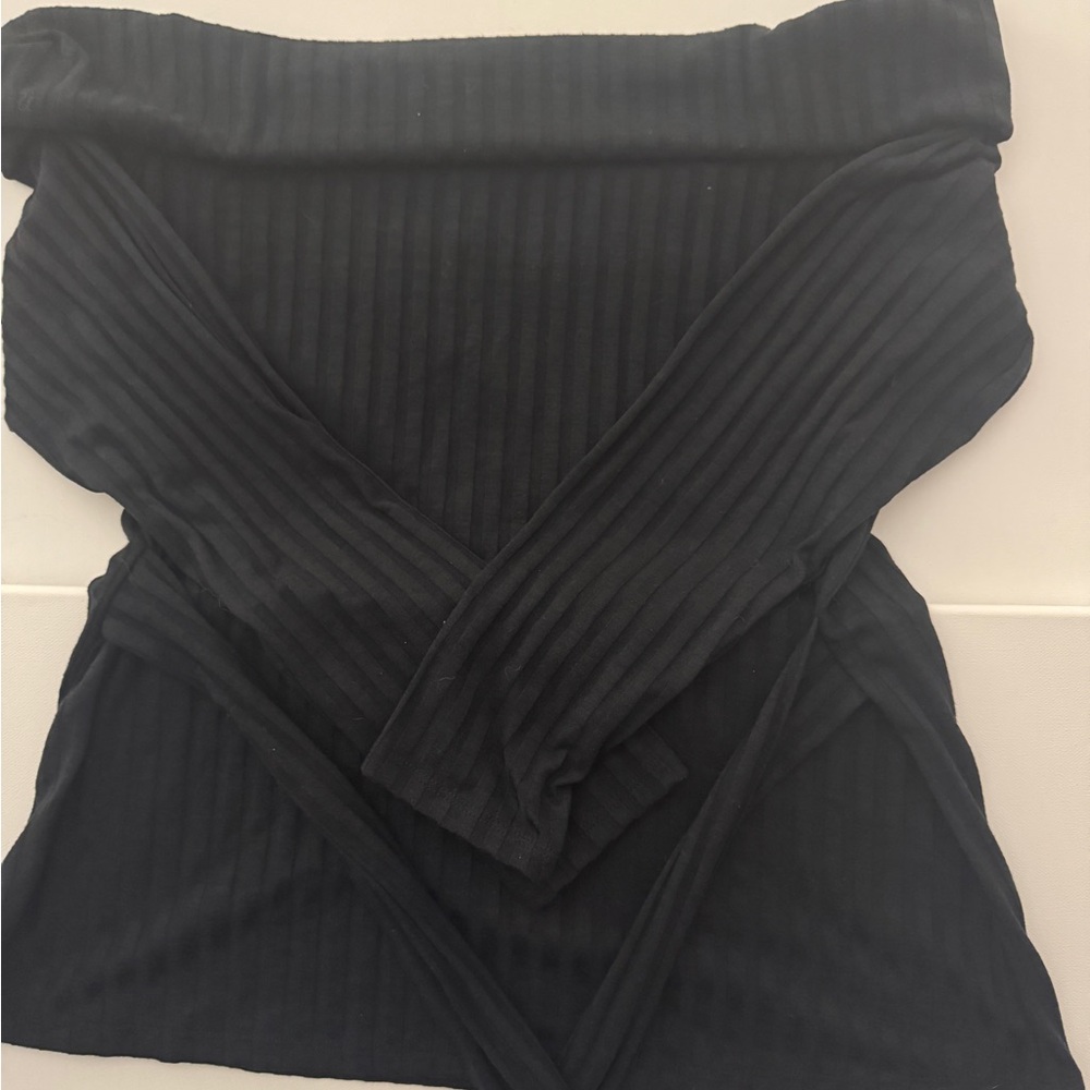Venus Black Ribbed Off-Shoulder Top with tie at waist